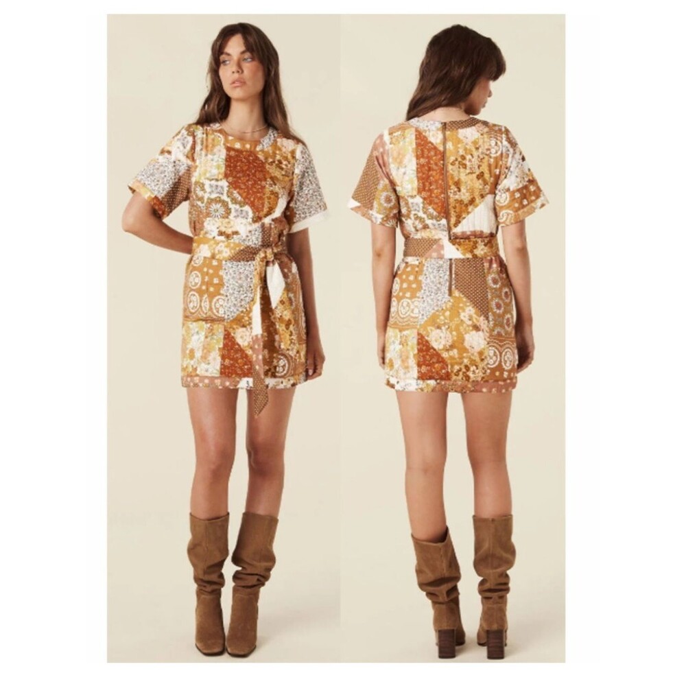 Spell Cha Cha Patchwork Quilted Belted Tunic Dress Brown Sugar Women's Size S